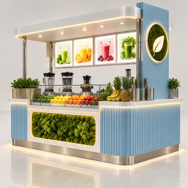 Mall Juice Kiosk with Backlit Menu and Brand Tower main three-quarter product rendering
