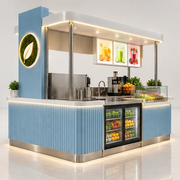 Mall Juice Kiosk with Backlit Menu and Brand Tower opposite angle showing its complete footprint and display layout