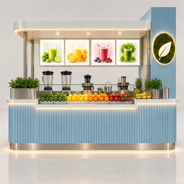 Mall Juice Kiosk with Backlit Menu and Brand Tower customer-facing service and display view