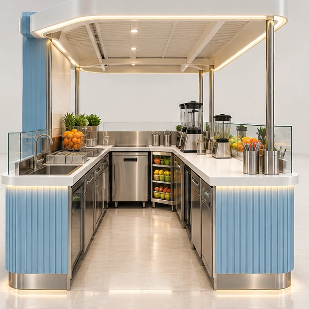 Mall Juice Kiosk with Backlit Menu and Brand Tower operator-side equipment, access, and storage view