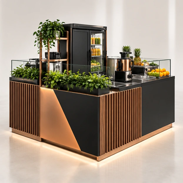 Modular Juice Kiosk with Concealed Cold Storage opposite angle showing its complete footprint and display layout