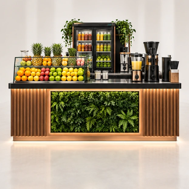 Modular Juice Kiosk with Concealed Cold Storage customer-facing service and display view