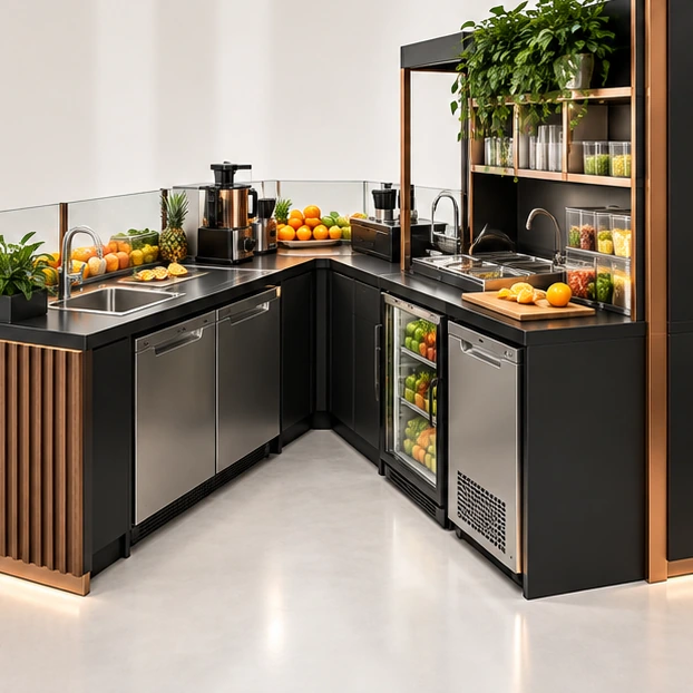 Modular Juice Kiosk with Concealed Cold Storage operator-side equipment, access, and storage view