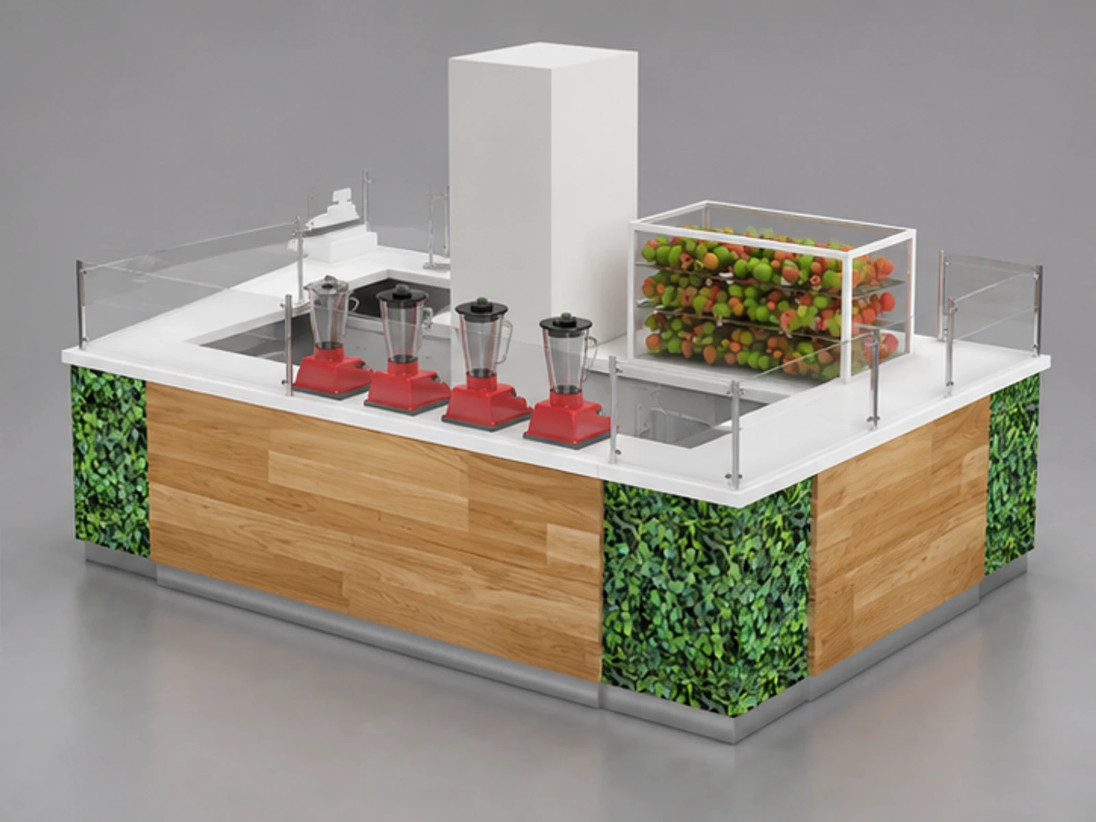 Solid wood fresh fruit kiosk | juice bar counter for sale opposite angle and overall footprint