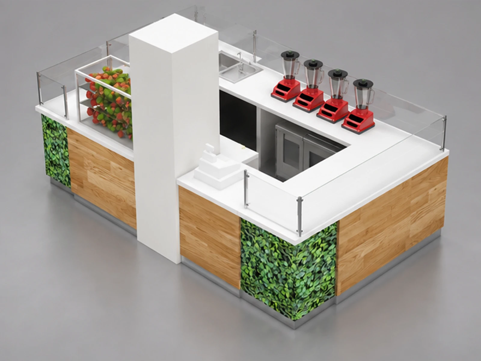 Solid wood fresh fruit kiosk | juice bar counter for sale staff-side equipment and storage view