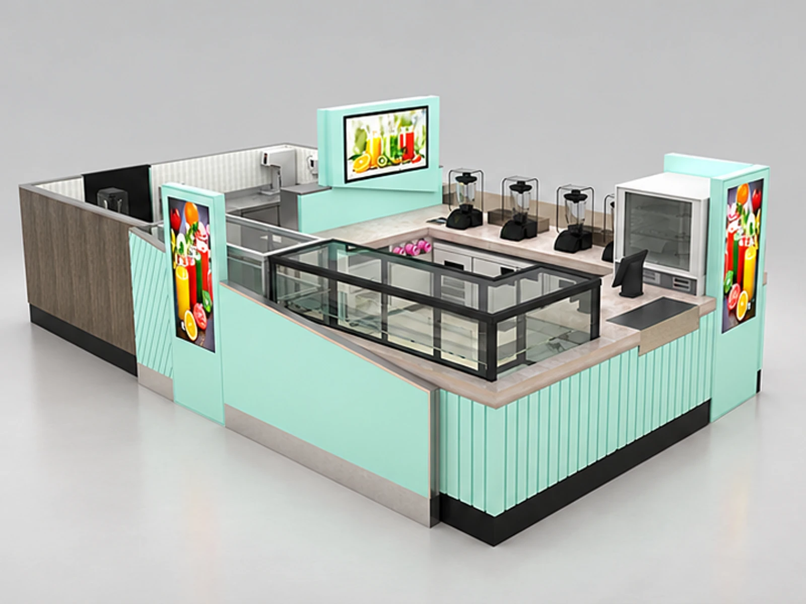 Solid wood fresh juice kiosk | high-quality mall juice booth design main three-quarter view