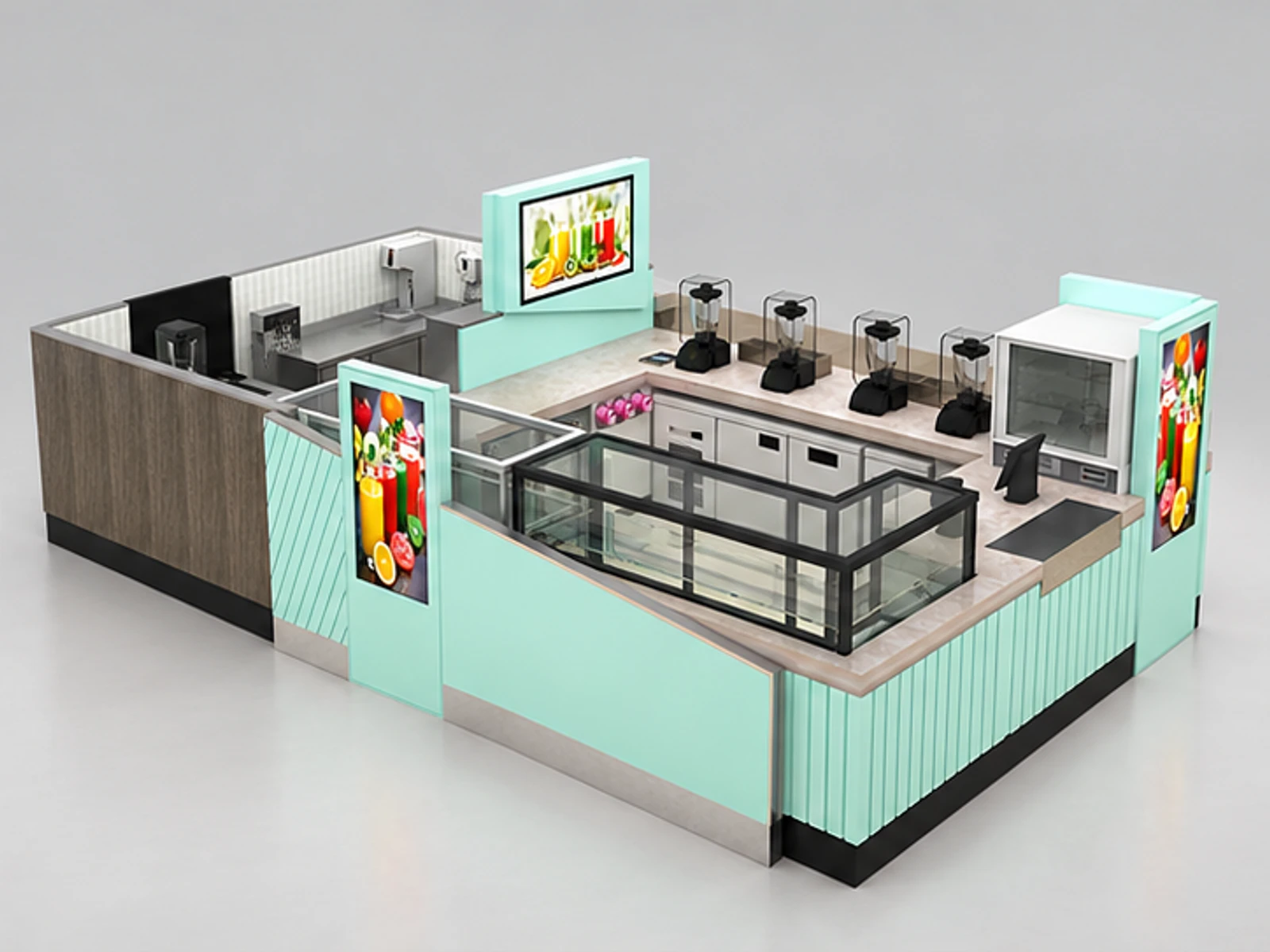 Solid wood fresh juice kiosk | high-quality mall juice booth design opposite angle and overall footprint