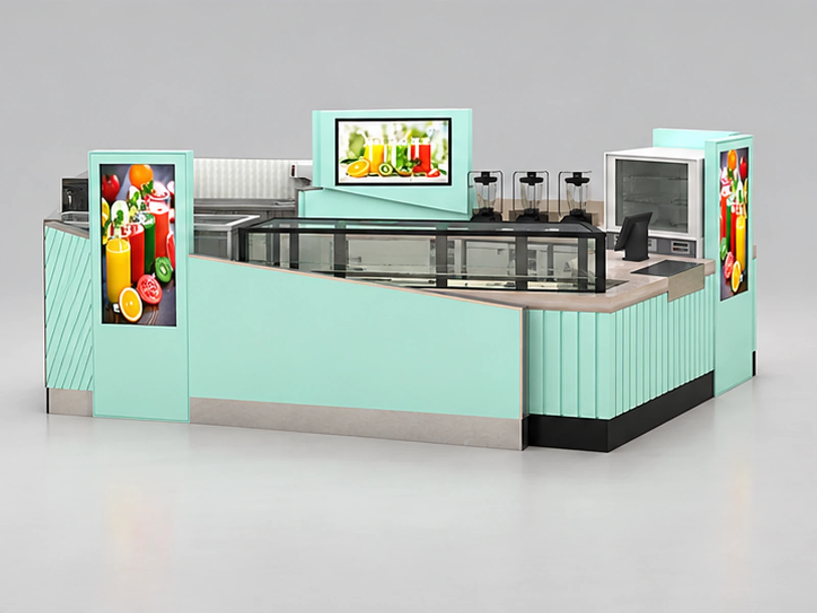 Solid wood fresh juice kiosk | high-quality mall juice booth design customer-facing service and display view
