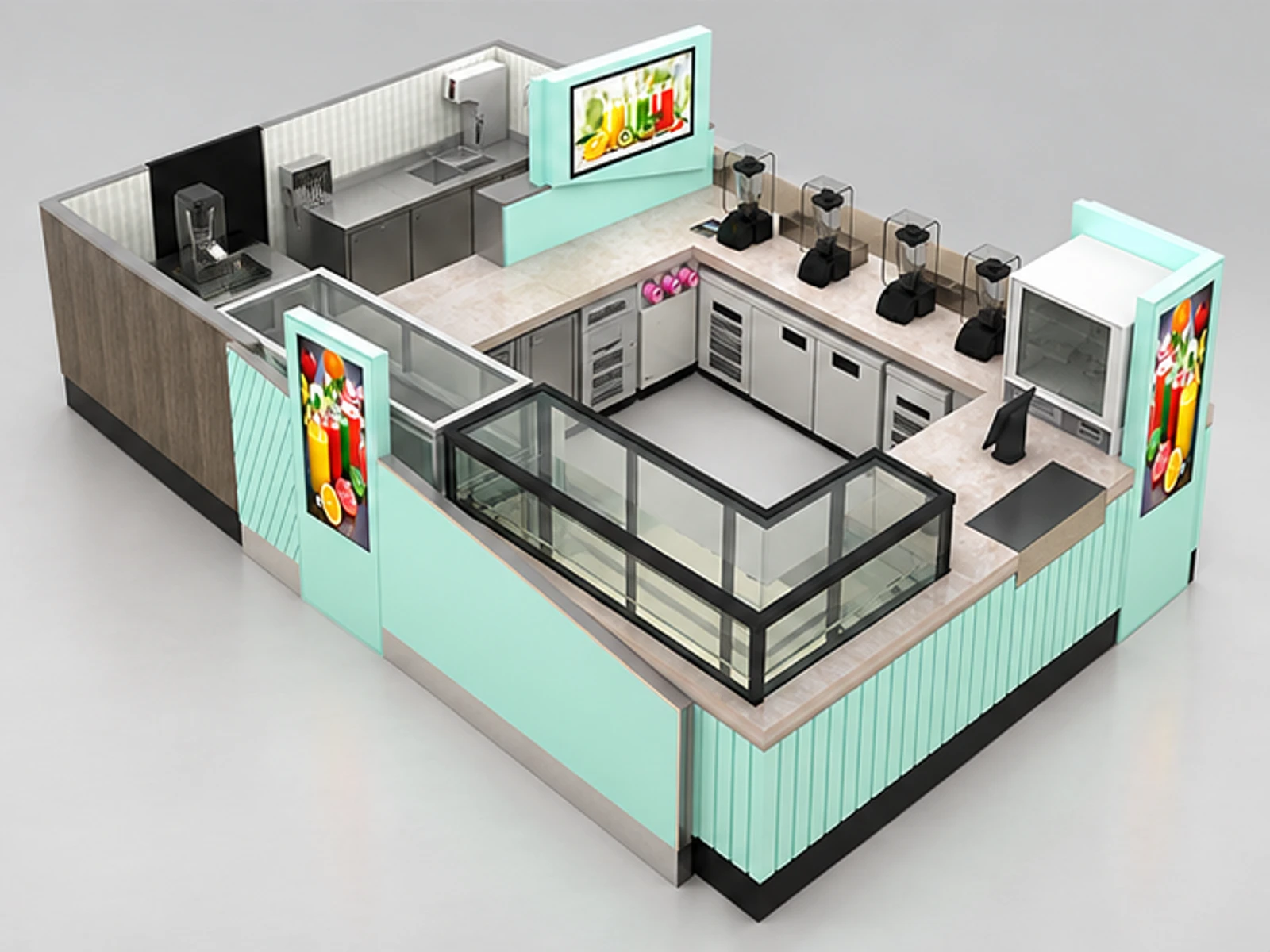 Solid wood fresh juice kiosk | high-quality mall juice booth design staff-side equipment and storage view