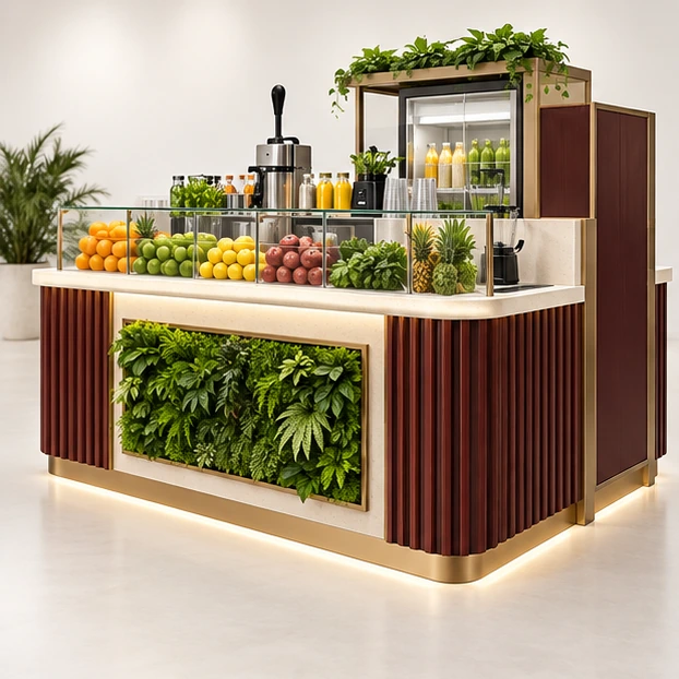 Wood-Accent Juice Kiosk with Easy-Clean Work Zones main three-quarter product rendering