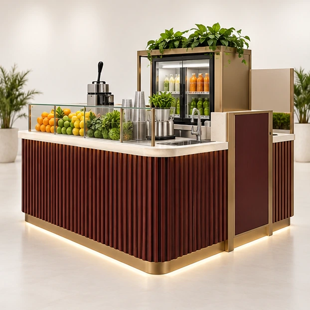 Wood-Accent Juice Kiosk with Easy-Clean Work Zones opposite angle showing its complete footprint and display layout