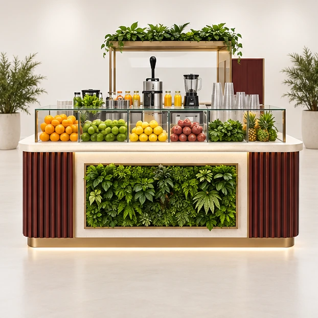 Wood-Accent Juice Kiosk with Easy-Clean Work Zones customer-facing service and display view