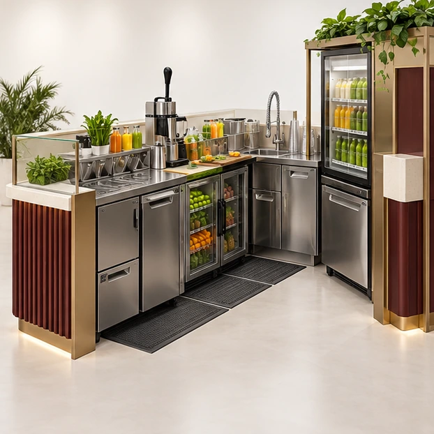 Wood-Accent Juice Kiosk with Easy-Clean Work Zones operator-side equipment, access, and storage view