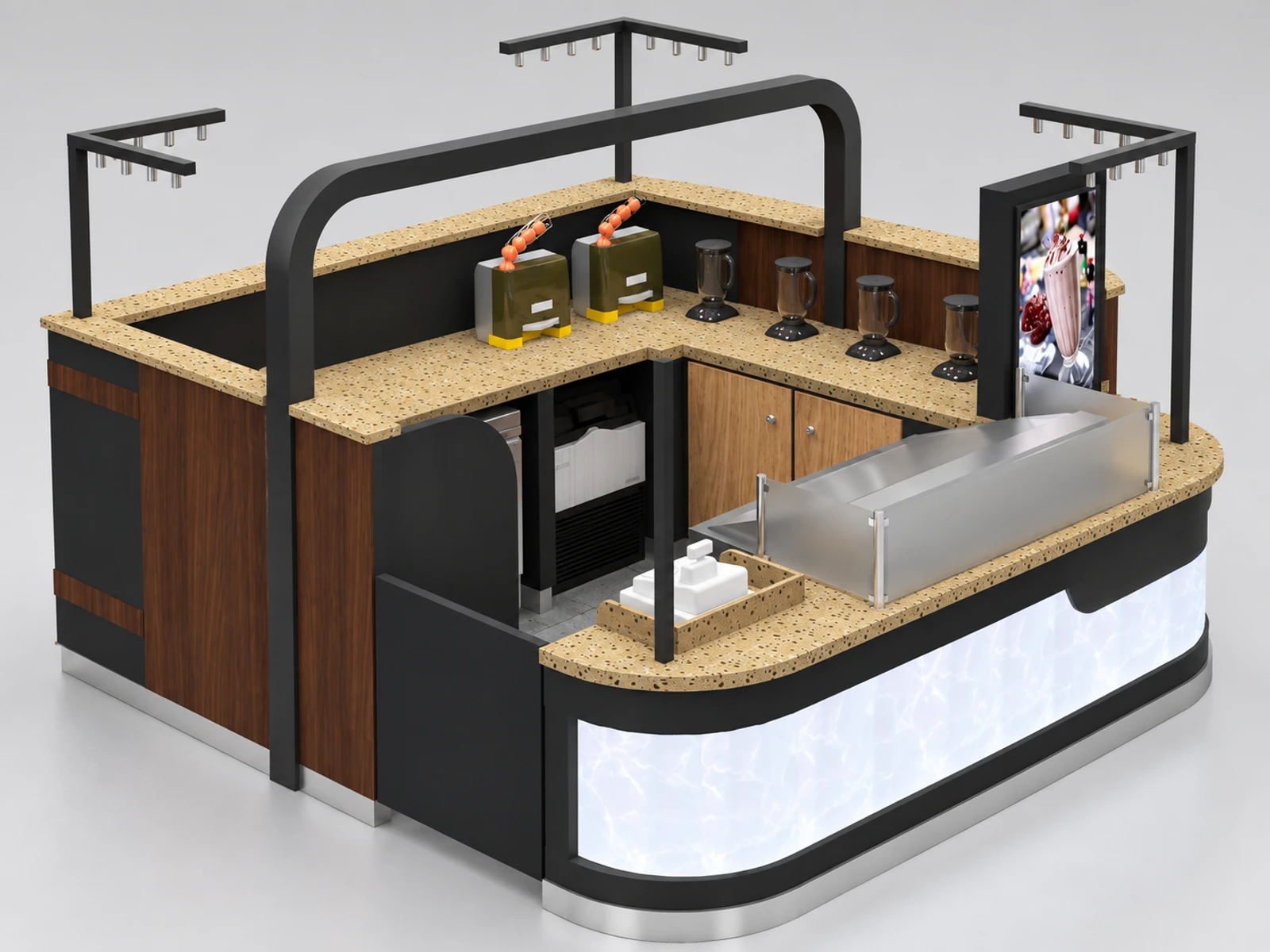 Wooden grain juice kiosk | stone countertop juice bar main three-quarter view