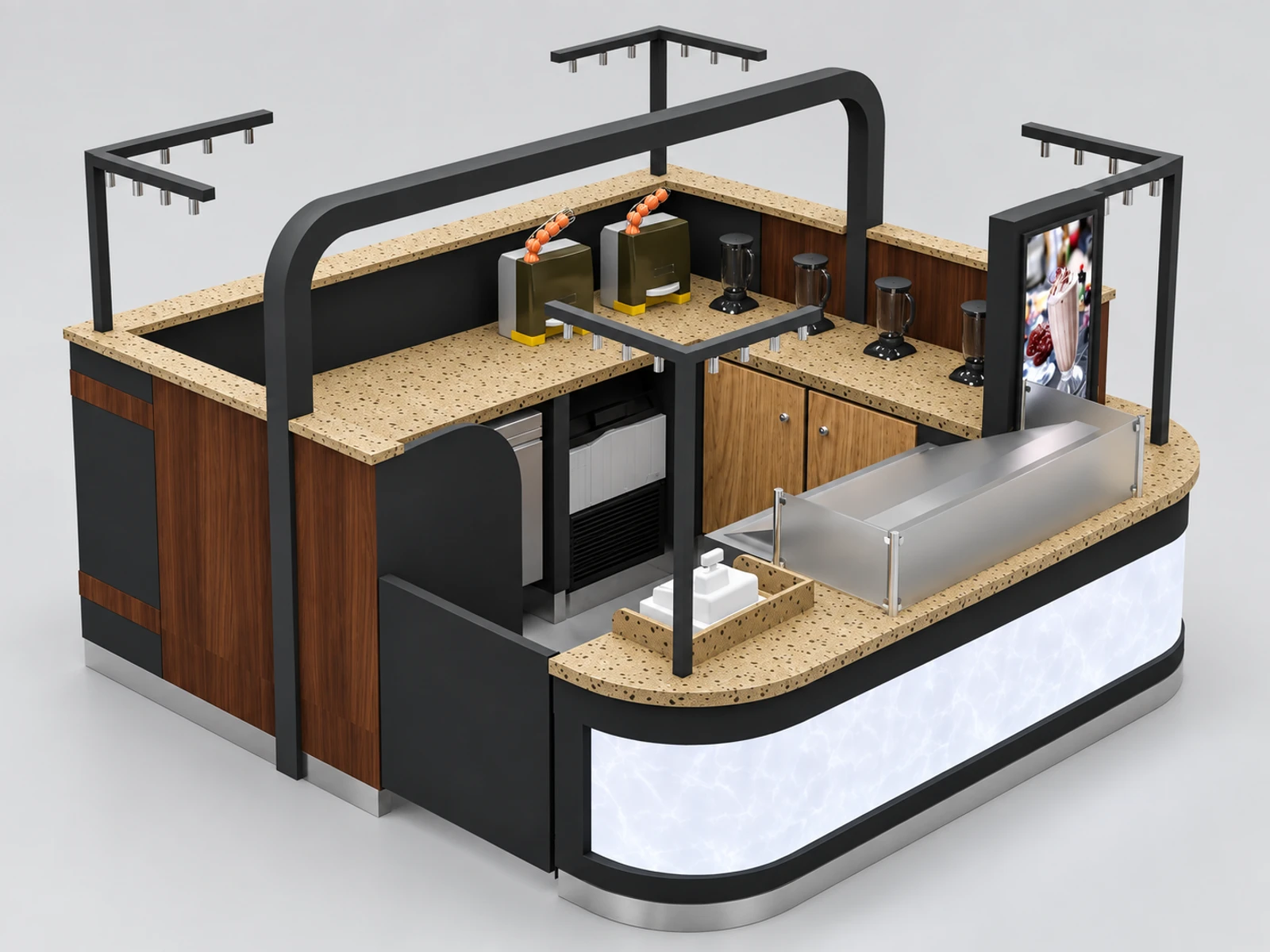 Wooden grain juice kiosk | stone countertop juice bar opposite angle and overall footprint