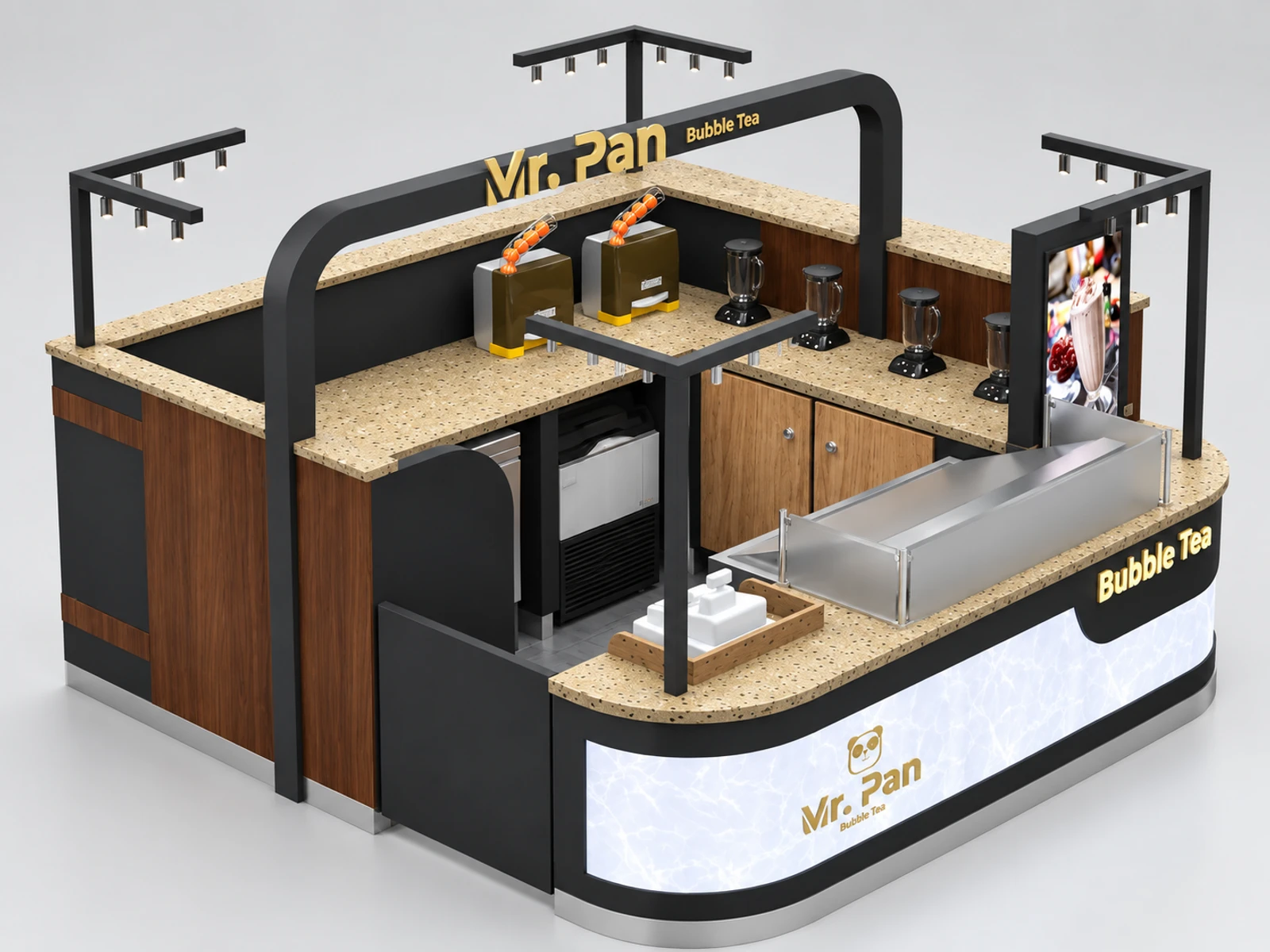 Wooden grain juice kiosk | stone countertop juice bar customer-facing service and display view