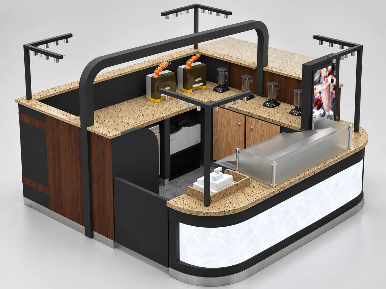 Wooden grain juice kiosk | stone countertop juice bar staff-side equipment and storage view