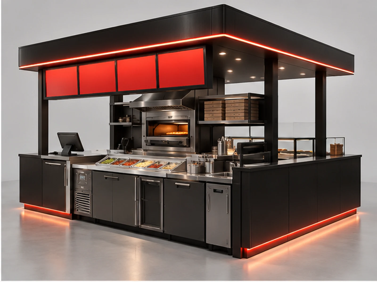 Black Steel Pizza Kiosk with Menu Frame opposite angle showing overall kiosk layout