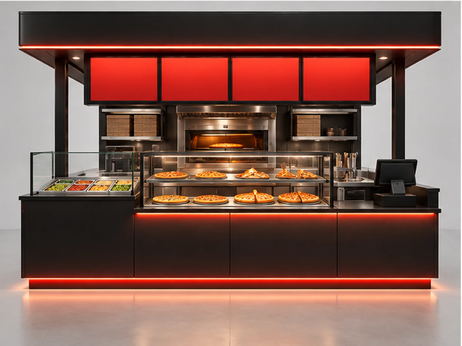 Black Steel Pizza Kiosk with Menu Frame customer-facing display and service counter