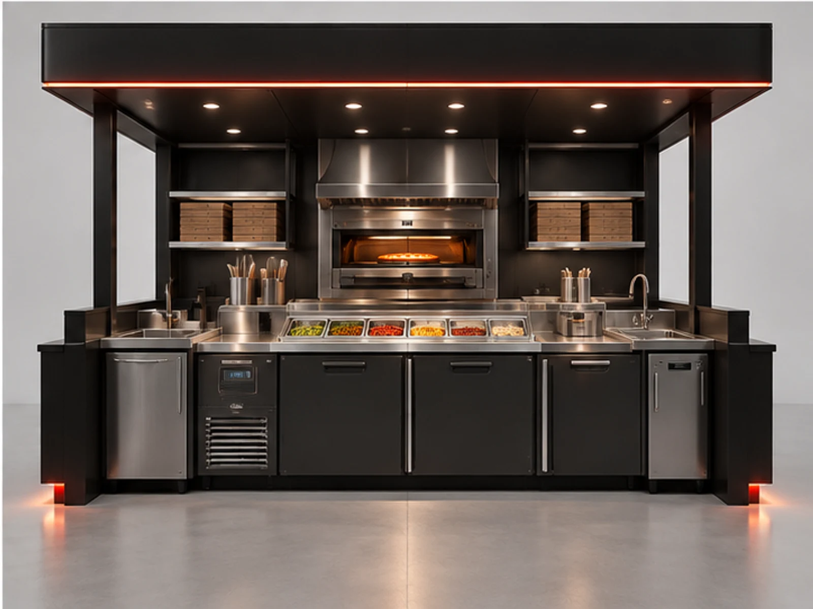 Black Steel Pizza Kiosk with Menu Frame staff-side equipment and storage layout