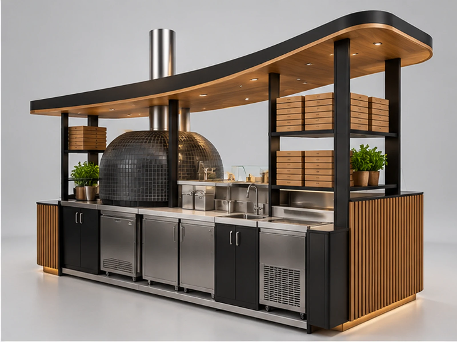 Commercial Pizza Kiosk with Dough Prep Station opposite angle showing overall kiosk layout