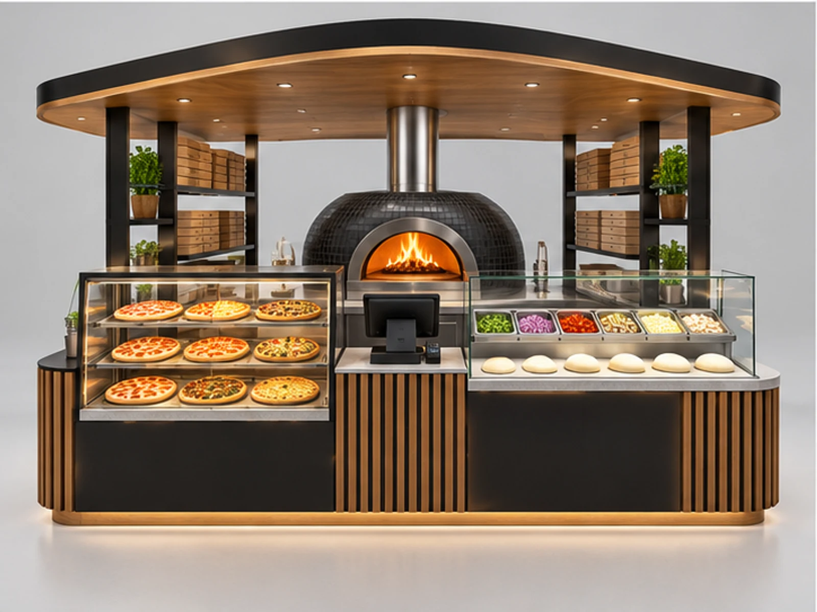 Commercial Pizza Kiosk with Dough Prep Station customer-facing display and service counter