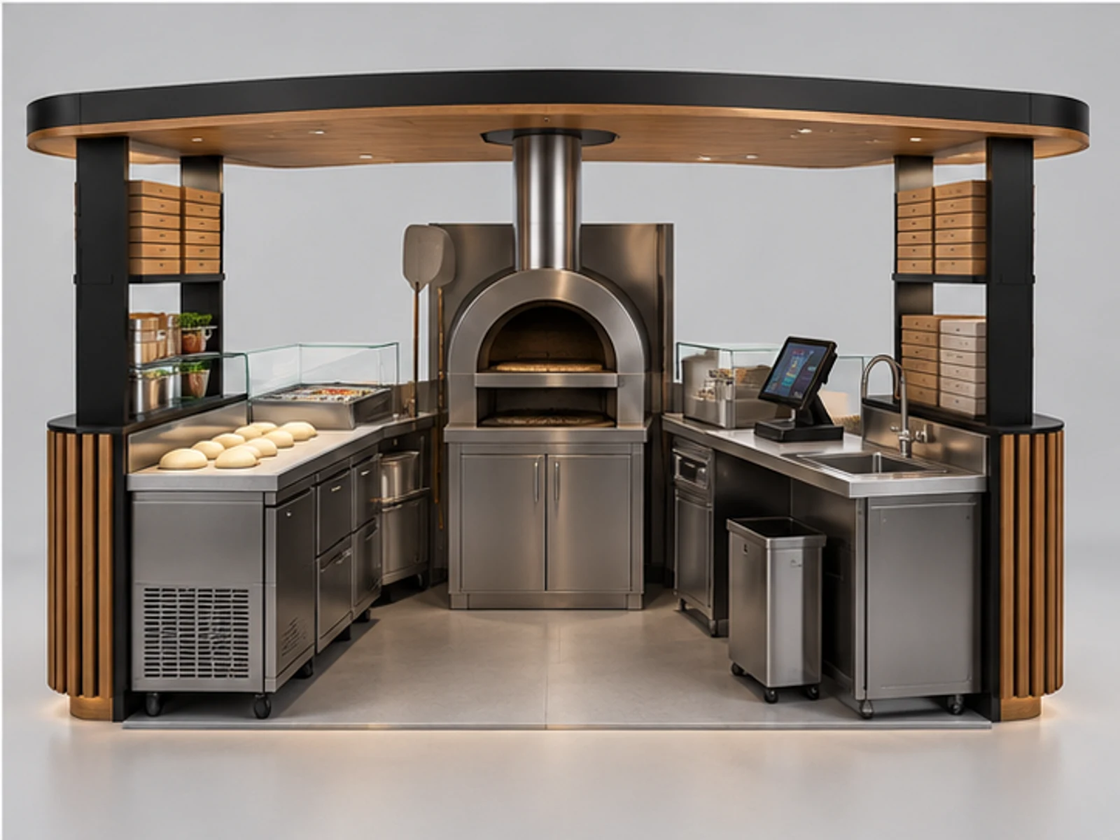 Commercial Pizza Kiosk with Dough Prep Station staff-side equipment and storage layout