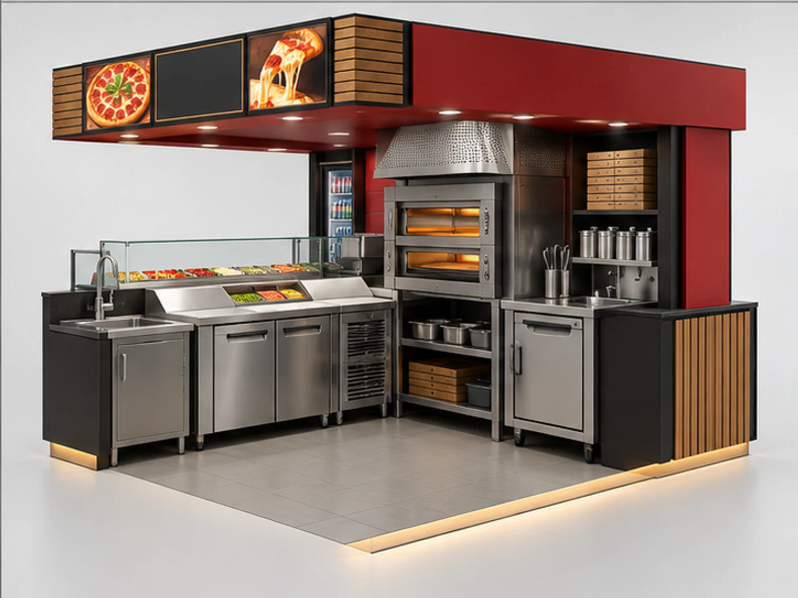 Compact Mall Pizza Kiosk with Ventless Oven Bay staff-side equipment and storage layout