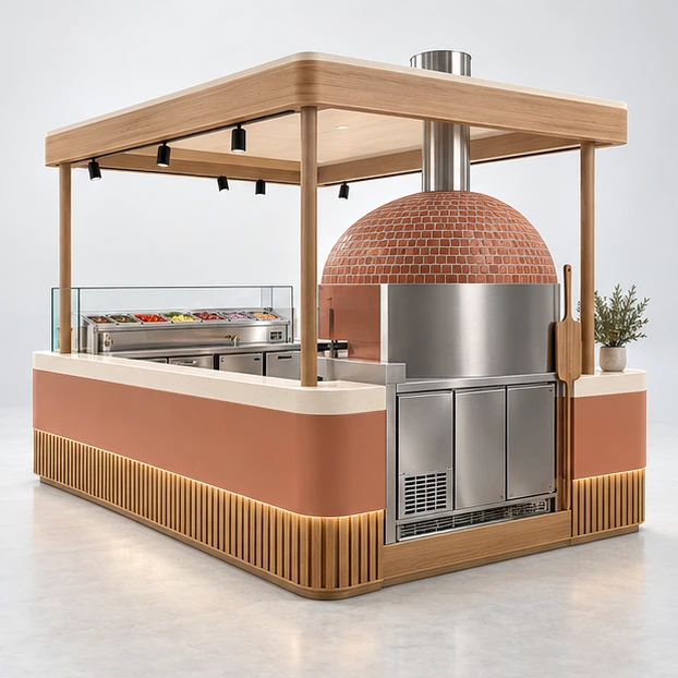Compact Pizza Booth with Refrigerated Topping Rail opposite angle showing its complete footprint and display layout