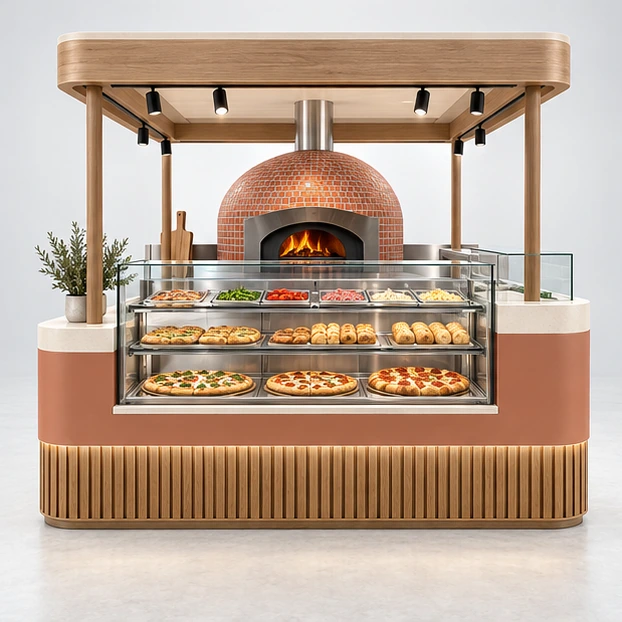Compact Pizza Booth with Refrigerated Topping Rail customer-facing service and display view