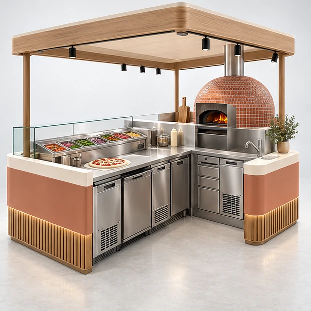 Compact Pizza Booth with Refrigerated Topping Rail operator-side equipment, access, and storage view