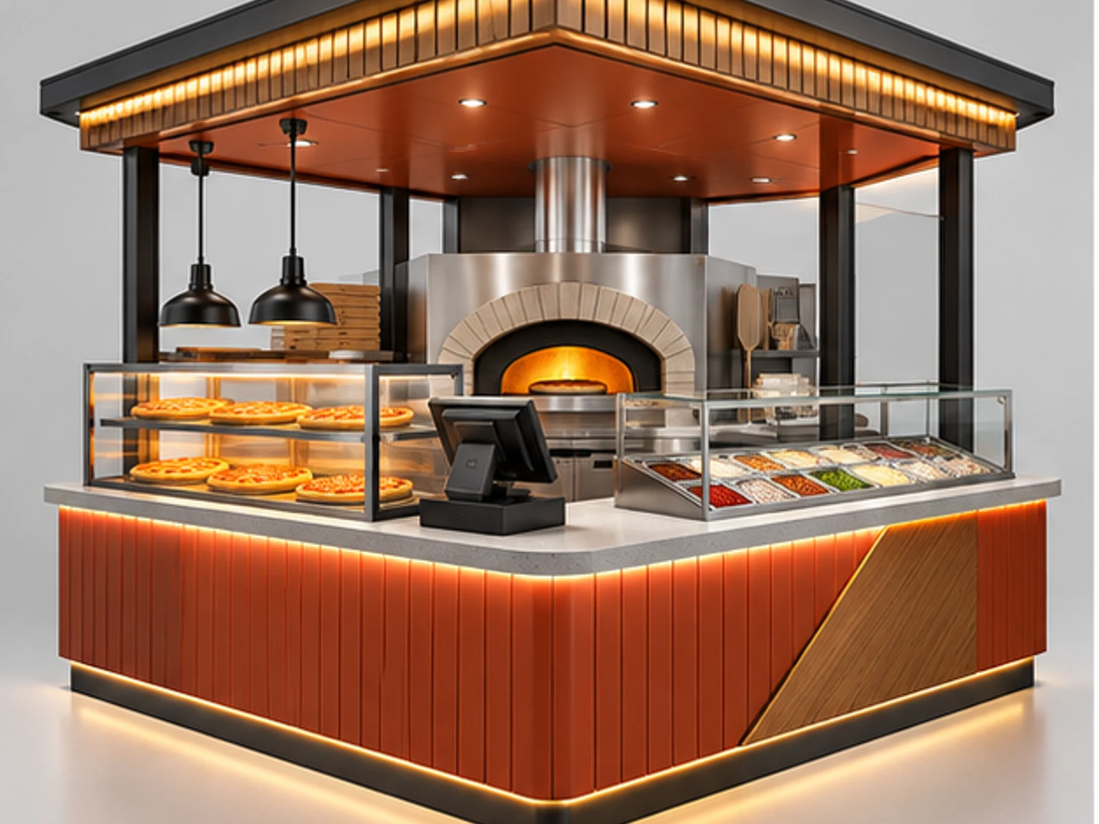 Corner Pizza Kiosk with Oven and Extraction Zone main three-quarter product view