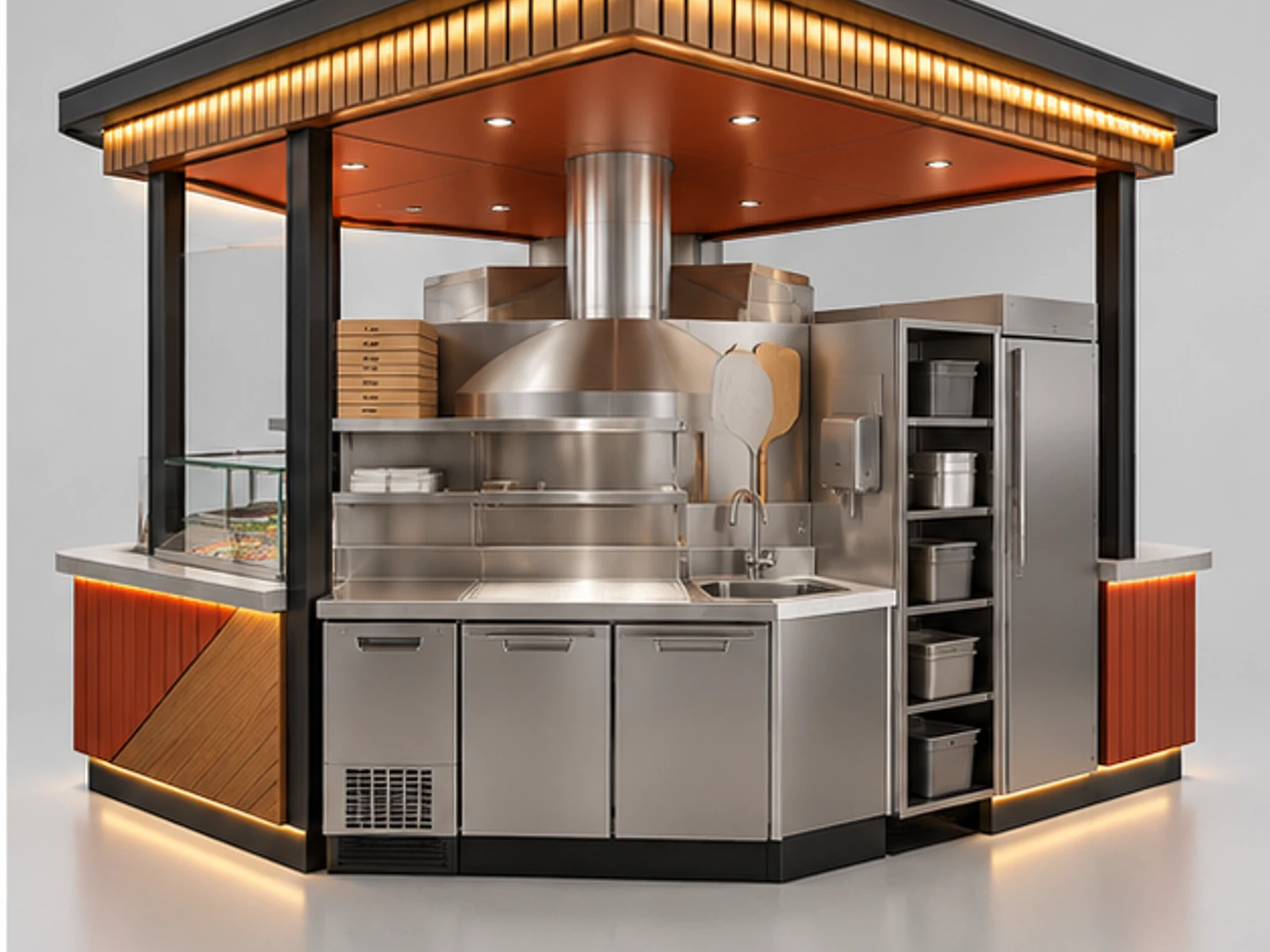 Corner Pizza Kiosk with Oven and Extraction Zone opposite angle showing overall kiosk layout