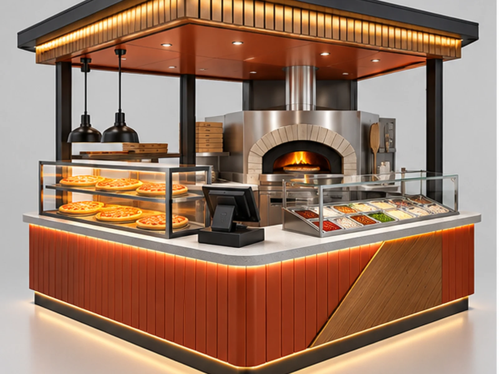 Corner Pizza Kiosk with Oven and Extraction Zone customer-facing display and service counter