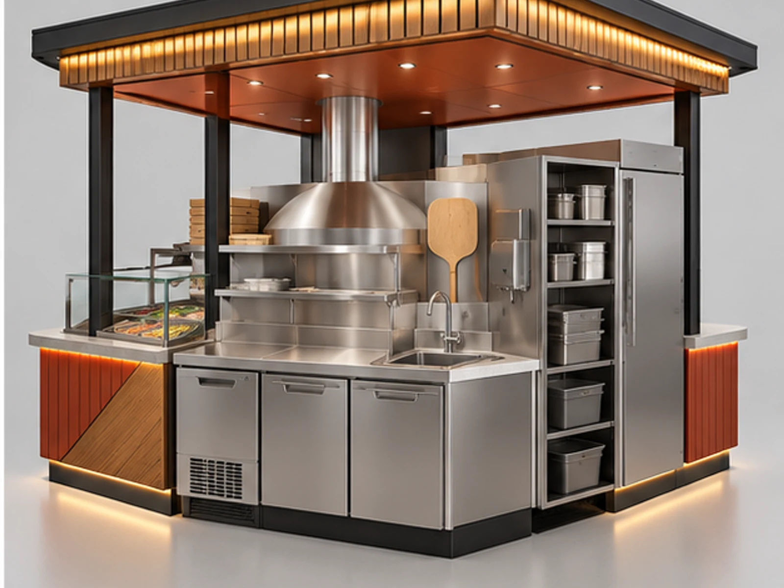 Corner Pizza Kiosk with Oven and Extraction Zone staff-side equipment and storage layout