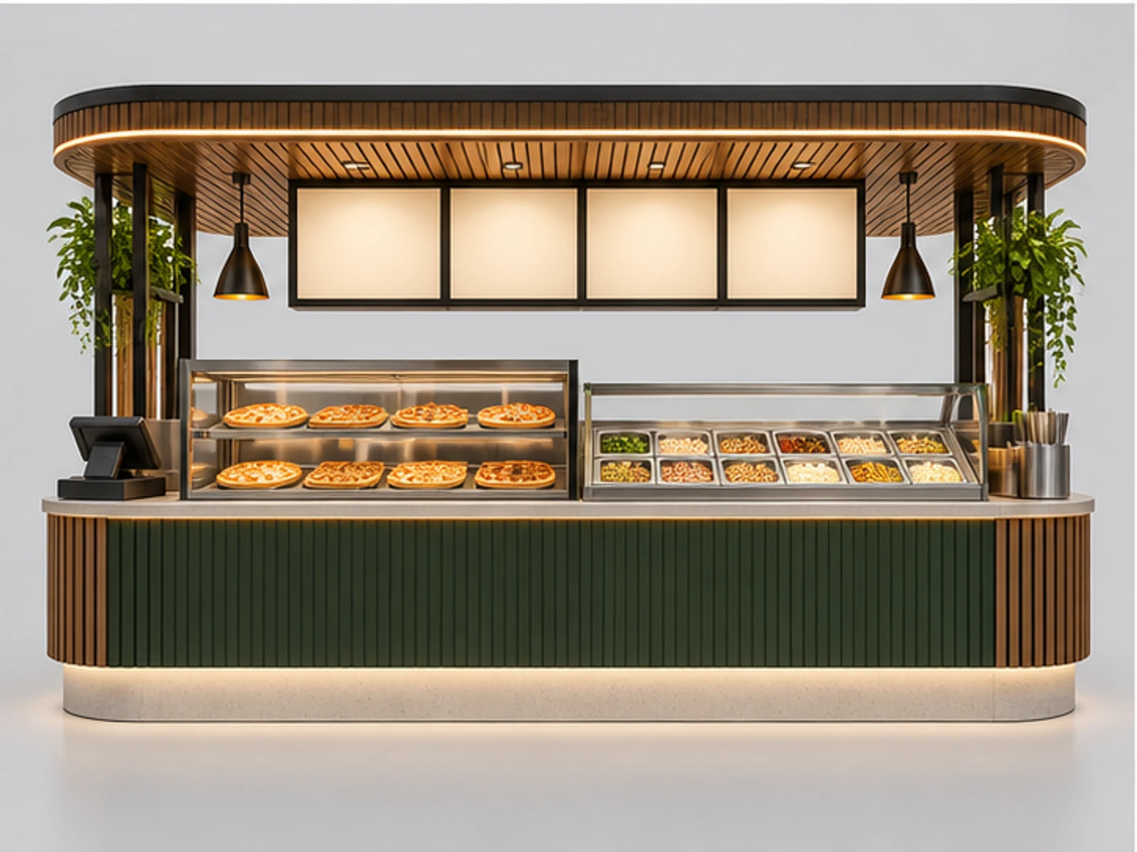 Custom Pizza Kiosk with Stainless Worktop customer-facing display and service counter