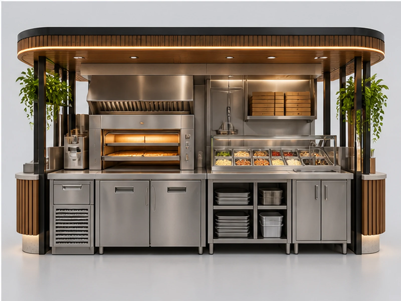 Custom Pizza Kiosk with Stainless Worktop staff-side equipment and storage layout