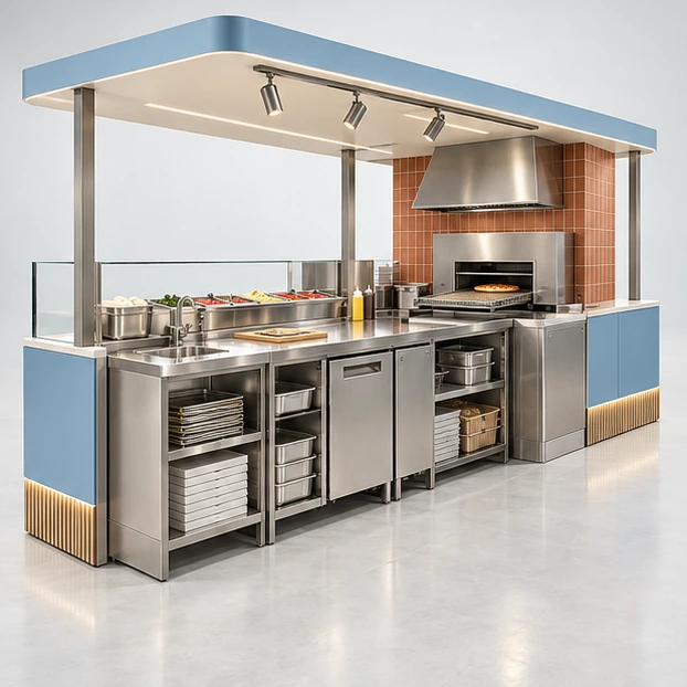Express Pizza Counter with Conveyor Oven Bay operator-side equipment, access, and storage view