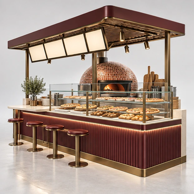 Family Pizza Kiosk with Menu Canopy and Seating Edge main three-quarter product rendering