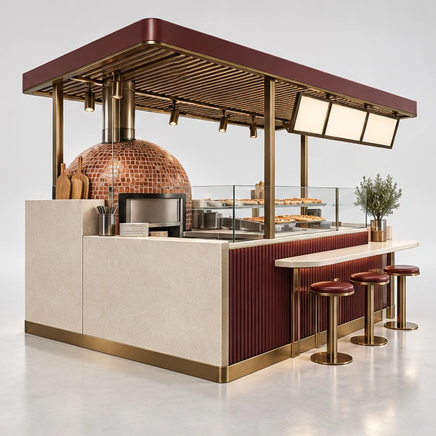 Family Pizza Kiosk with Menu Canopy and Seating Edge opposite angle showing its complete footprint and display layout