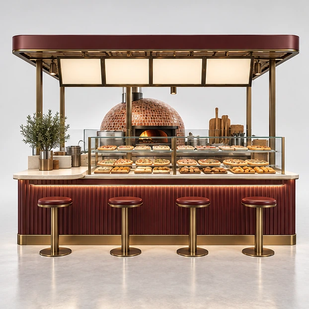 Family Pizza Kiosk with Menu Canopy and Seating Edge customer-facing service and display view