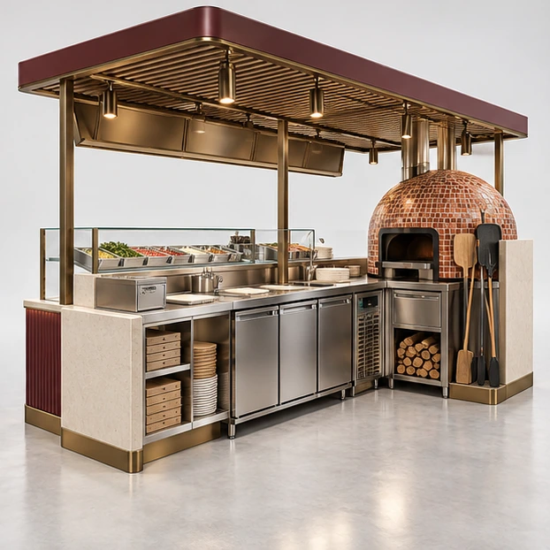 Family Pizza Kiosk with Menu Canopy and Seating Edge operator-side equipment, access, and storage view
