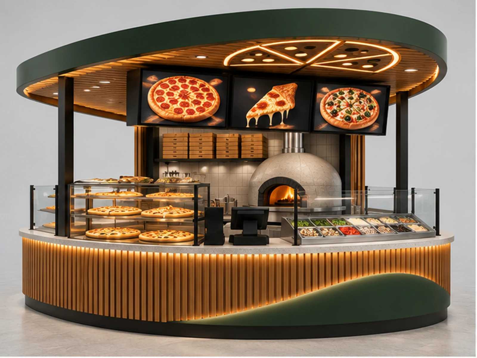 Food Court Pizza Booth with Digital Menu Boards main three-quarter product view