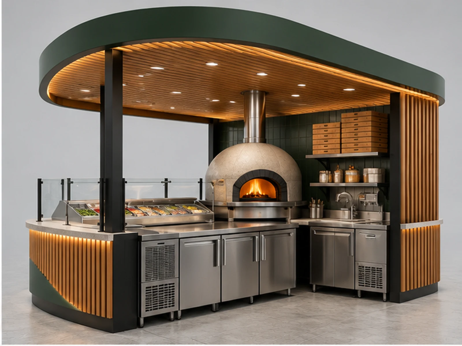 Food Court Pizza Booth with Digital Menu Boards opposite angle showing overall kiosk layout