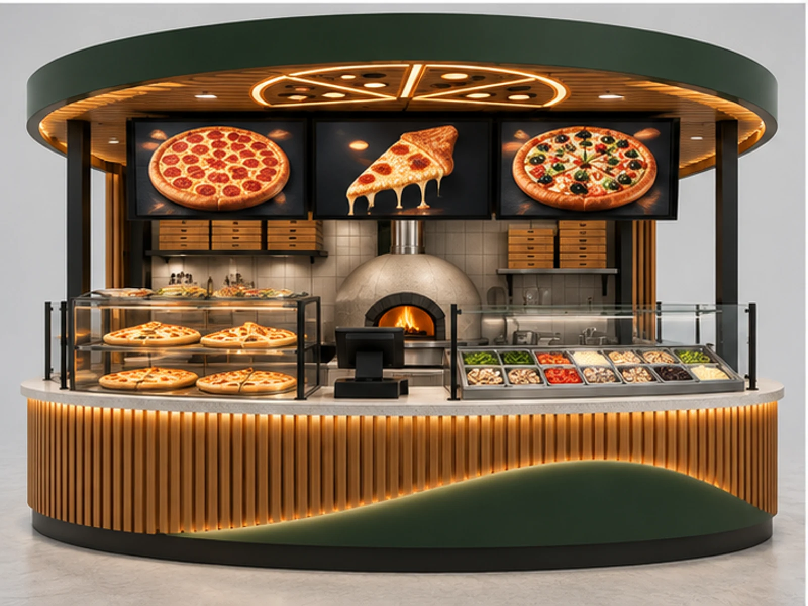 Food Court Pizza Booth with Digital Menu Boards customer-facing display and service counter