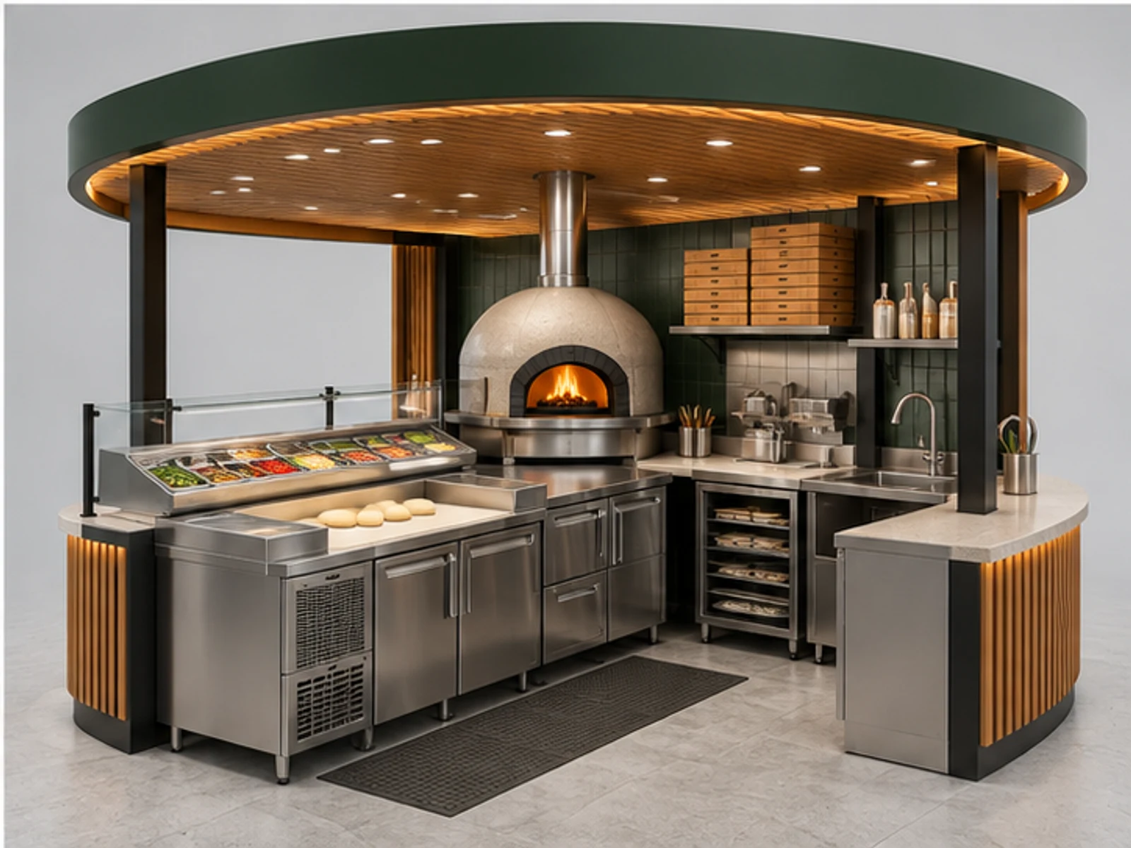 Food Court Pizza Booth with Digital Menu Boards staff-side equipment and storage layout