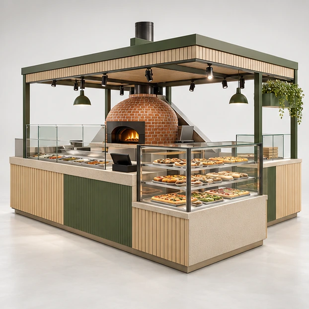 Franchise Pizza Kiosk with Modular Oven and Prep Bays main three-quarter product rendering
