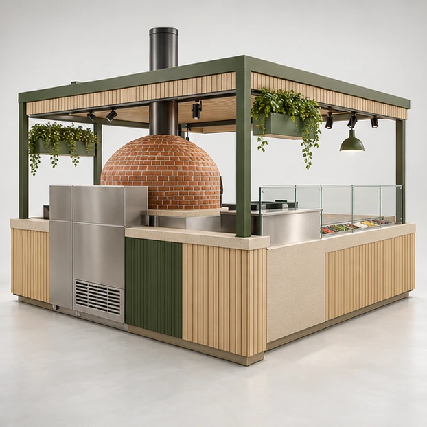 Franchise Pizza Kiosk with Modular Oven and Prep Bays opposite angle showing its complete footprint and display layout