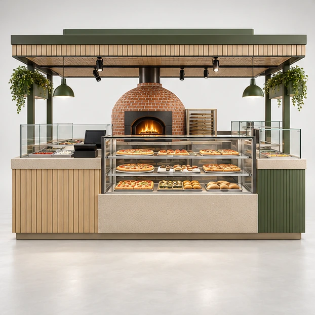 Franchise Pizza Kiosk with Modular Oven and Prep Bays customer-facing service and display view