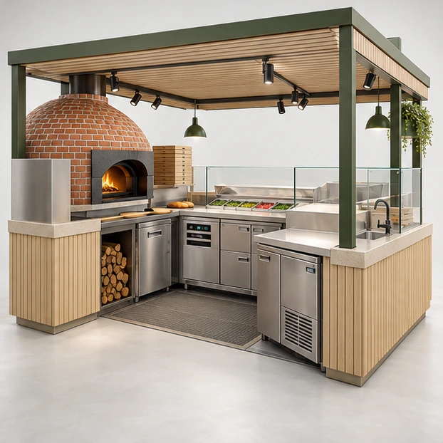 Franchise Pizza Kiosk with Modular Oven and Prep Bays operator-side equipment, access, and storage view